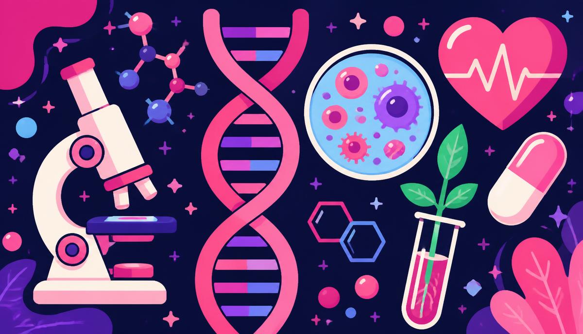 Flat vector illustration of a DNA double helix, a microscope, a petri dish with cells, a heart with a pulse line and a seedling in a test tube